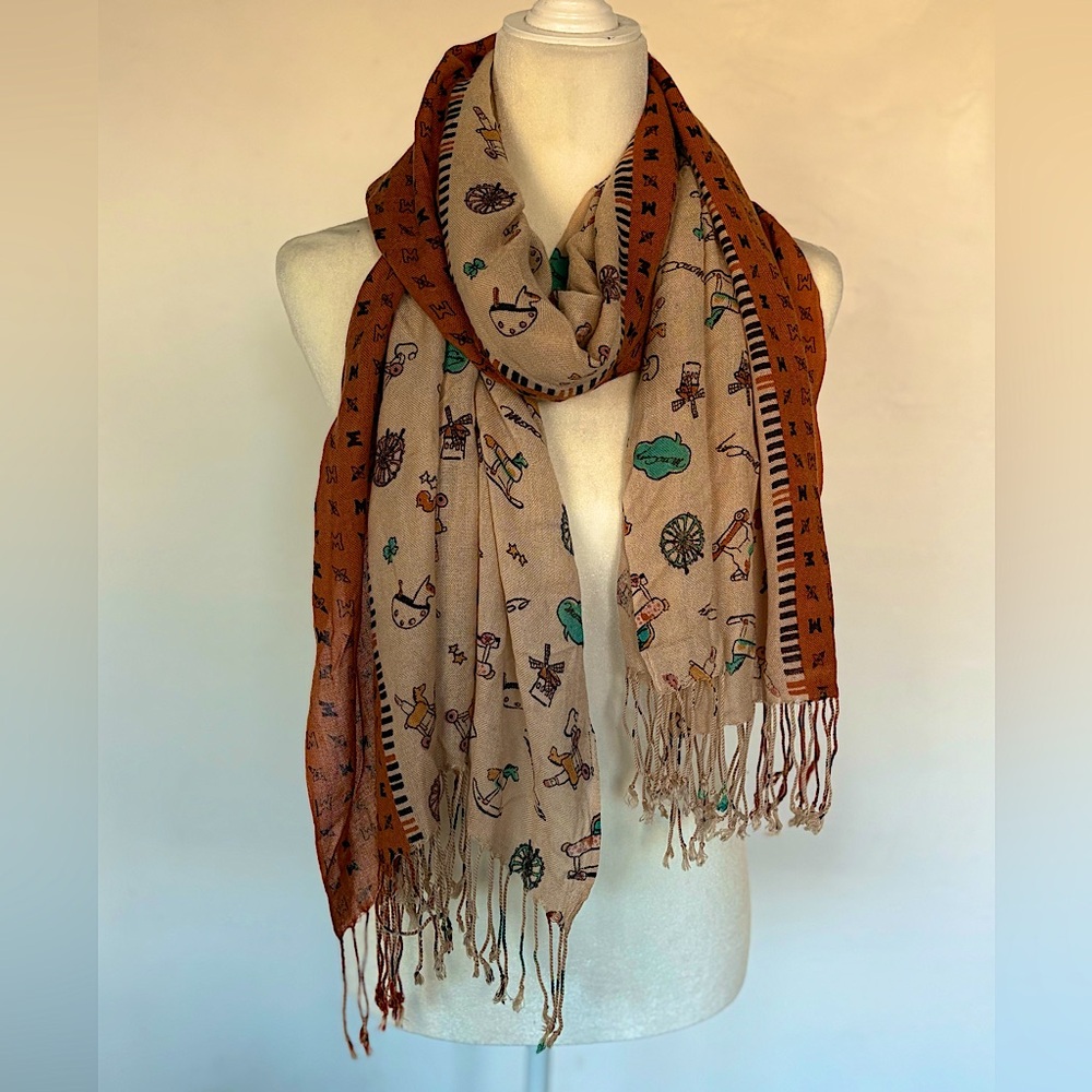 Metrocity Eclectic Patterned Scarf in Brown and Orange Tasseled One Size